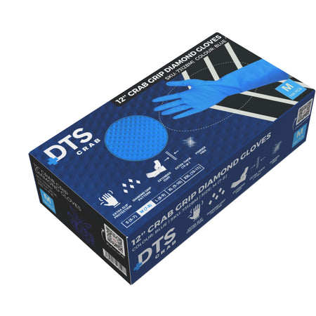 Blue DTS CRAB 12-inch extended cuff nitrile gloves with diamond grip texture