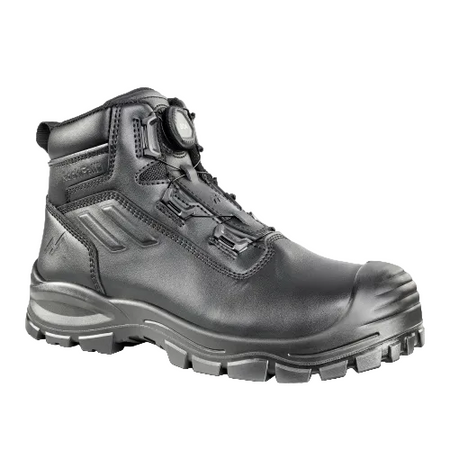 Black high-top safety boot with brand logo on a white background