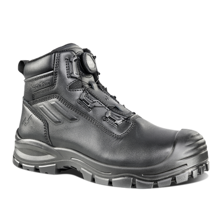 Black high-top safety boot with brand logo on a white background