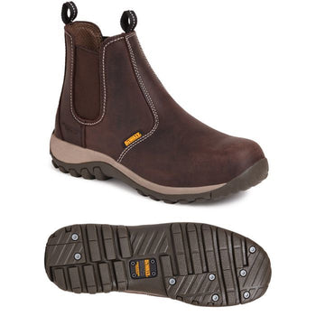 Full grain brown waxy leather upper. Elasticated sides with two woven pull loops front & rear. Steel toe cap protection steel midsole protection. Comfort insole. Phylon/rubber outsole. A modern styled dealer boot from DEWALT.