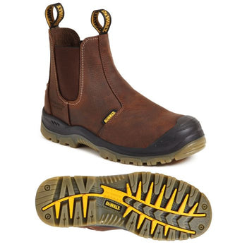 Full grain water resistant leather upper. Steel toe cap protection and steel midsole protection. PU comfort insole. TPU dual density outsole. Anti-scuff toe protection. A high quality Dewalt safety boot for a number of working conditions.