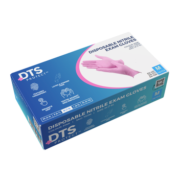 Box of DTS disposable nitrile exam gloves on a white background