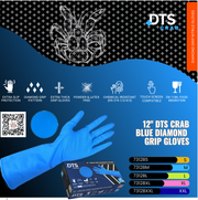 DTS Crab blue diamond grip gloves packaging with glove illustration and product details.