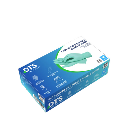 Box of DTS Green disposable nitrile exam gloves on a white background
