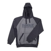 Grey marl hooded sweatshirt. Three piece hood construction with flat draw--cord. Kangeroo pocket to front. Self fabric side panels with eyelet holes for ventilation. Large Dewalt logo to front. Guaranteed tough logo to right arm. A warm garment for those colder days at work.