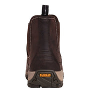 Full grain brown waxy leather upper. Elasticated sides with two woven pull loops front & rear. Steel toe cap protection steel midsole protection. Comfort insole. Phylon/rubber outsole. A modern styled dealer boot from DEWALT.
