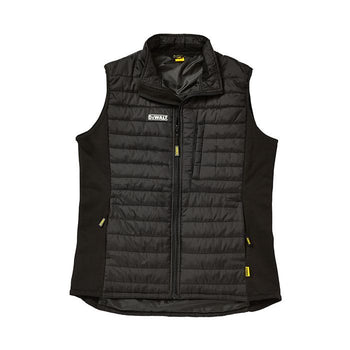 Lightweight gilet with centre zip fastening. Comfort stretch side panels and lowered back. Zip pocket to breast and two zipped hand pockets to lower front. Reflective Dewalt logo to chest and neck. Shower resistant nylon outer and Polyester/taffeta inner lining. Suitable to wear as an under or over layer garment.