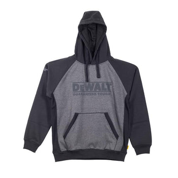 Grey marl hooded sweatshirt. Three piece hood construction with flat draw--cord. Kangeroo pocket to front. Self fabric side panels with eyelet holes for ventilation. Large Dewalt logo to front. Guaranteed tough logo to right arm. A warm garment for those colder days at work.