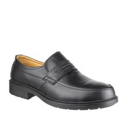 A leather slip on safety shoe with antistatic function, lightweight SRC slip resistant sole Smart black leather safety shoe ideal for industrial office use Slip-on mono-black shoe crafted with a smooth leather upper Constructed with single density PU sole offering excellent slip resistance 