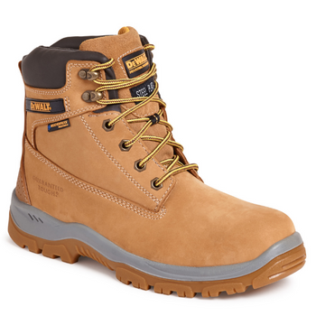 Full grain wheat nubuck leather upper. Waterproof and breathable Samsng membrane inner lining. Padded tongue and collar for added comfort. Steel toe cap protection and steel midsole protection. PU comfort insole. TPU dual density outsole. A high quality waterproof safety boot from DeWalt.